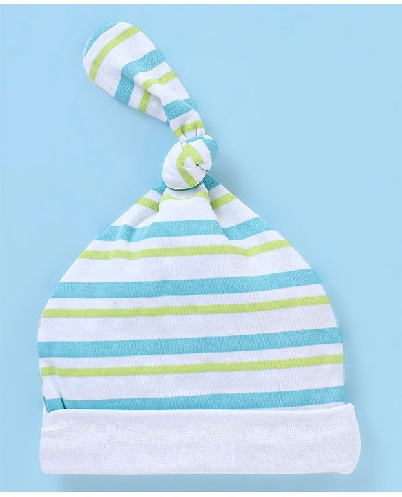 Babyhug 100% Cotton Cap Teddy & Stripes Print Blue & Green - Diameter 9.5 cm