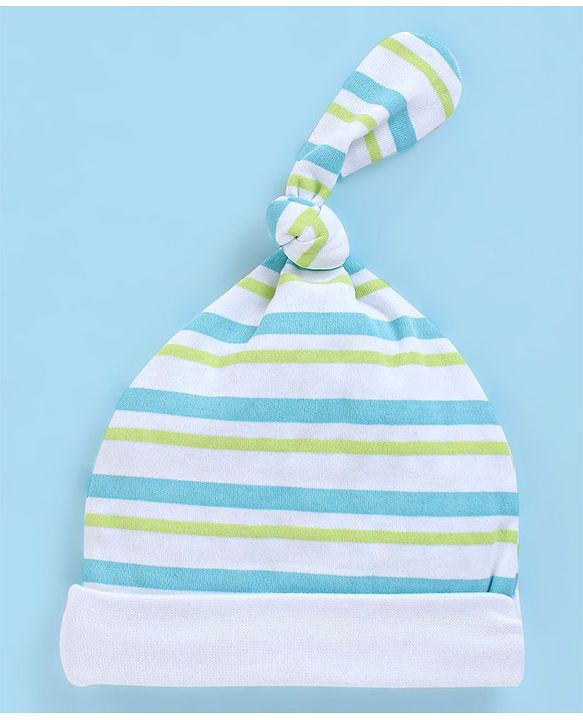 Babyhug 100% Cotton Cap Teddy & Stripes Print Blue & Green - Diameter 9.5 cm