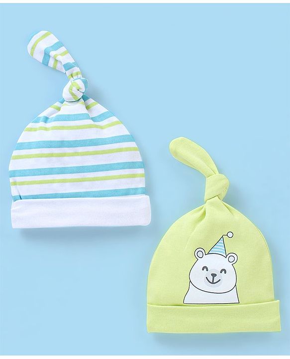 Babyhug 100% Cotton Cap Teddy & Stripes Print Blue & Green - Diameter 9.5 cm