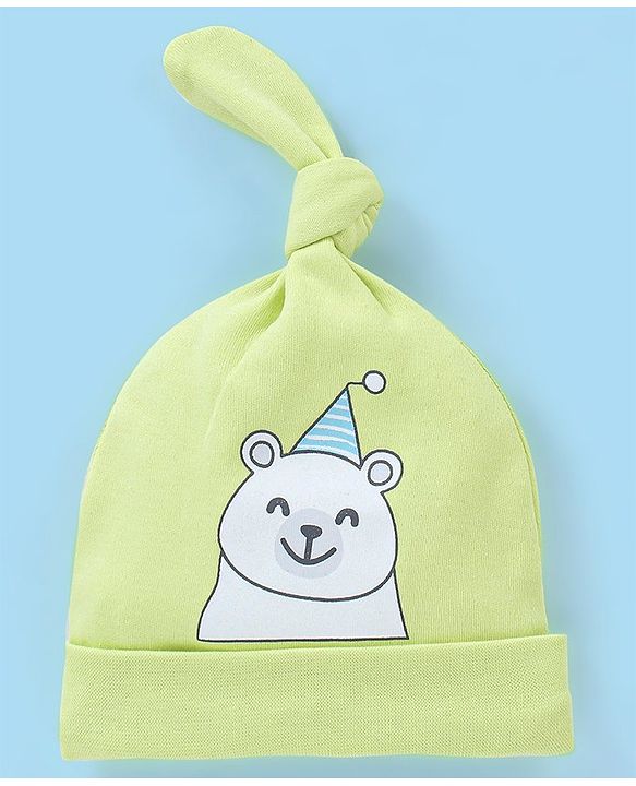 Babyhug 100% Cotton Cap Teddy & Stripes Print Blue & Green - Diameter 9.5 cm