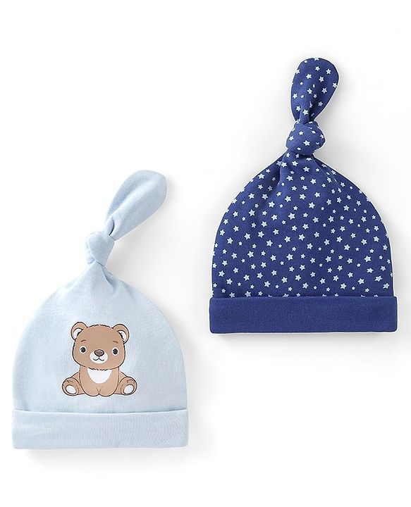 Babyhug 100% Cotton Knit Caps Bear & Star Print Pack of 2 Blue - Cap Diameter 9.5 cm
