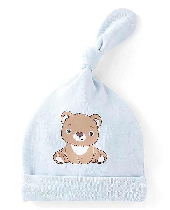 Babyhug 100% Cotton Knit Caps Bear & Star Print Pack of 2 Blue - Cap Diameter 9.5 cm