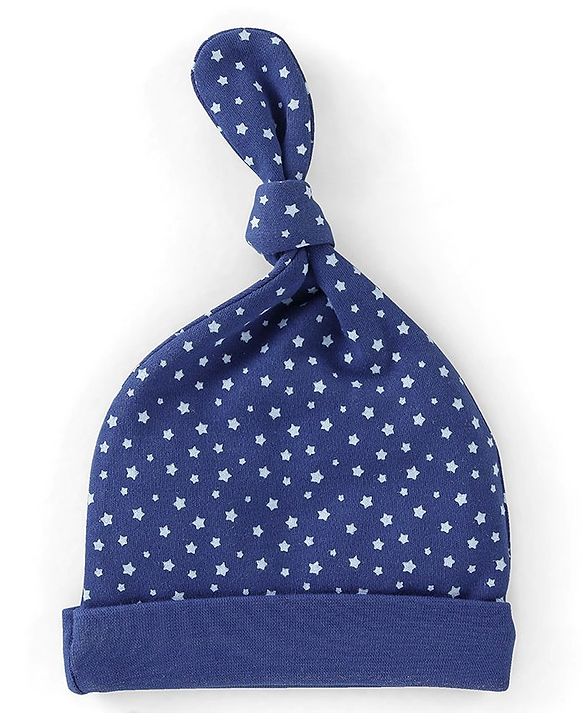 Babyhug 100% Cotton Knit Caps Bear & Star Print Pack of 2 Blue - Cap Diameter 9.5 cm