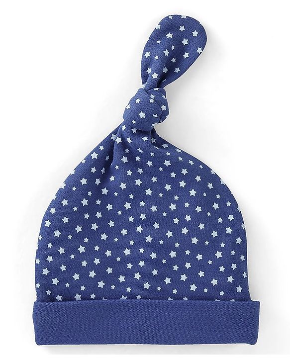 Babyhug 100% Cotton Knit Caps Bear & Star Print Pack of 2 Blue - Cap Diameter 9.5 cm