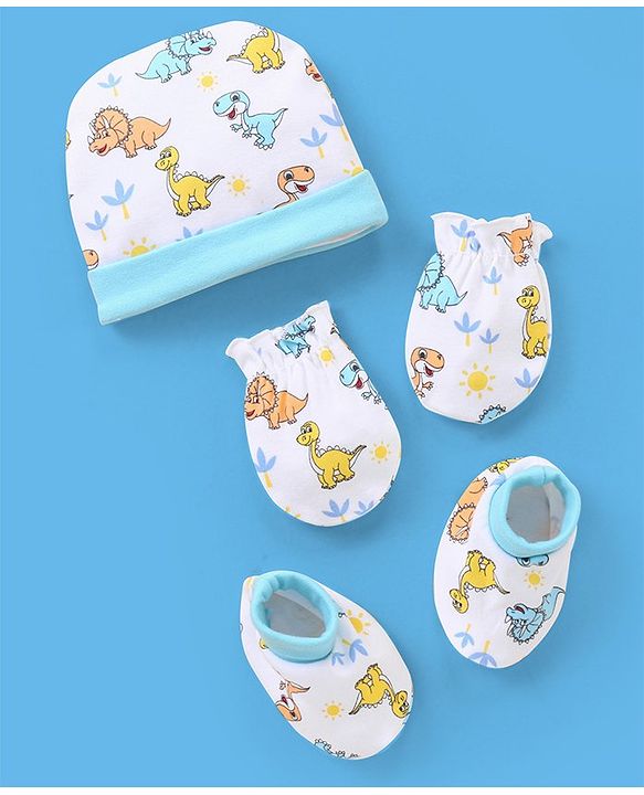 Babyhug 100% Cotton Cap Mittens & Booties Set Dinosaur Print - Blue