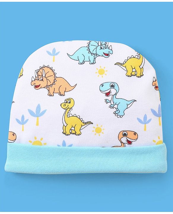 Babyhug 100% Cotton Cap Mittens & Booties Set Dinosaur Print - Blue