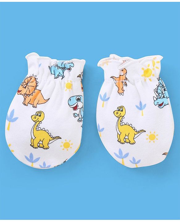 Babyhug 100% Cotton Cap Mittens & Booties Set Dinosaur Print - Blue