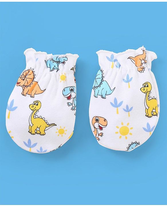 Babyhug 100% Cotton Cap Mittens & Booties Set Dinosaur Print - Blue