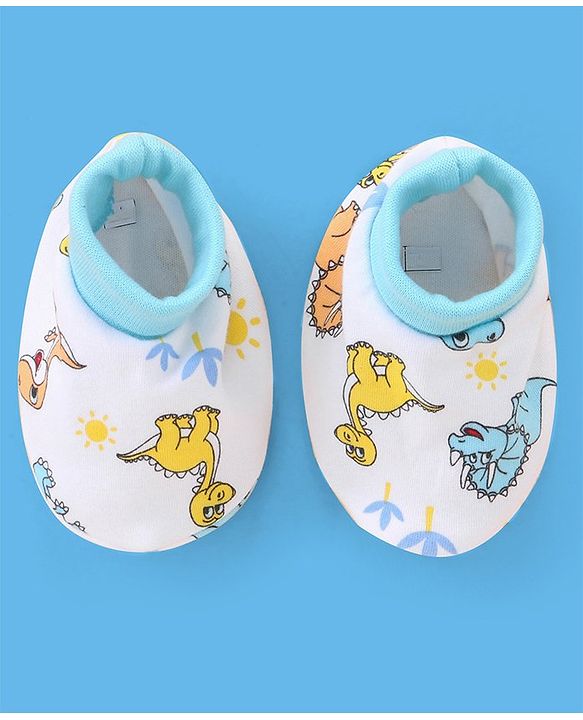 Babyhug 100% Cotton Cap Mittens & Booties Set Dinosaur Print - Blue