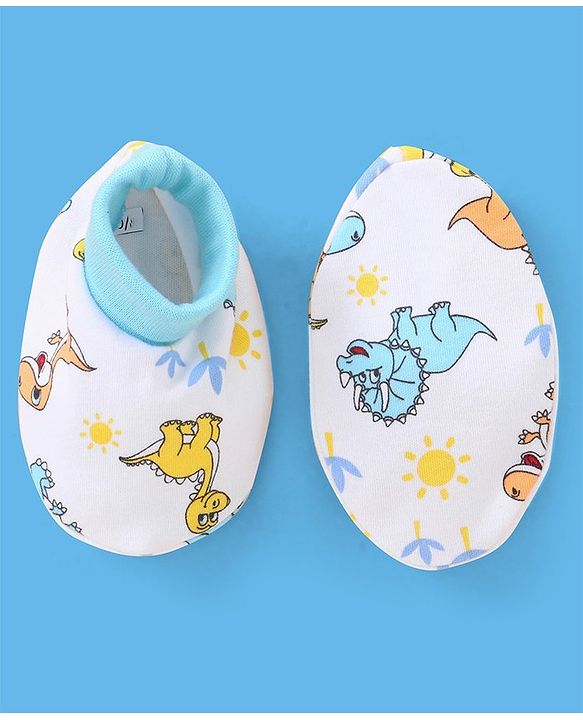 Babyhug 100% Cotton Cap Mittens & Booties Set Dinosaur Print - Blue