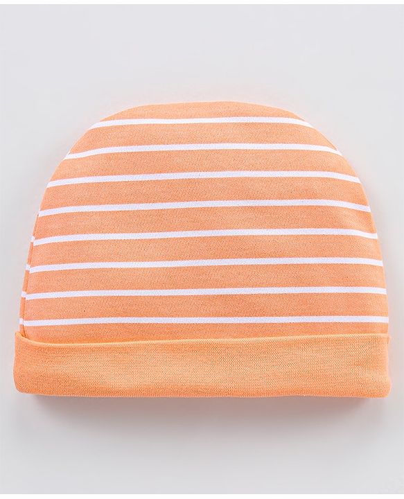 Babyhug 100% Cotton Knit Striped Cap Mittens & Booties Set - Orange