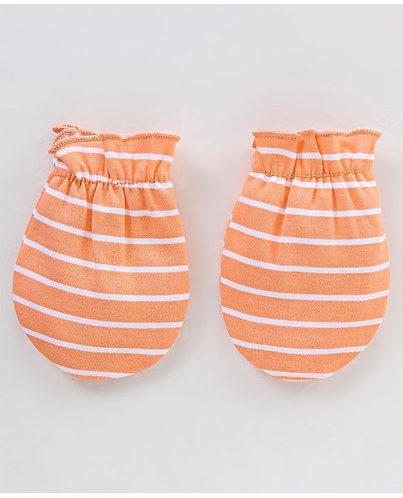 Babyhug 100% Cotton Knit Striped Cap Mittens & Booties Set - Orange