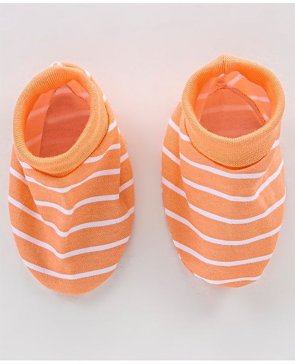 Babyhug 100% Cotton Knit Striped Cap Mittens & Booties Set - Orange