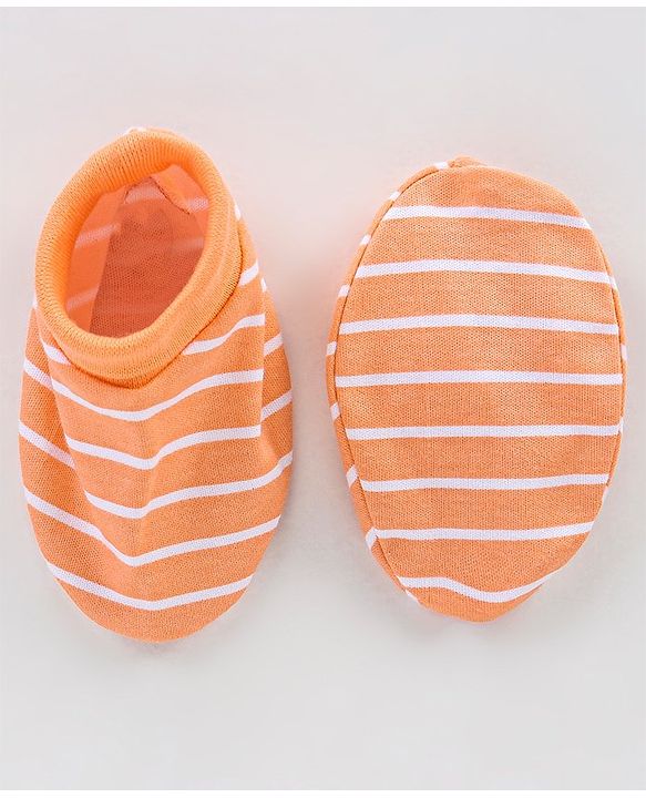 Babyhug 100% Cotton Knit Striped Cap Mittens & Booties Set - Orange