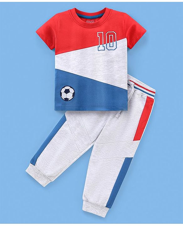 Babyhug Cotton Knit Half Sleeves T-Shirt & Lounge Pants Set Colour Block - Red Blue & White