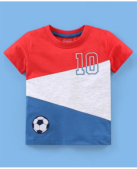 Babyhug Cotton Knit Half Sleeves T-Shirt & Lounge Pants Set Colour Block - Red Blue & White