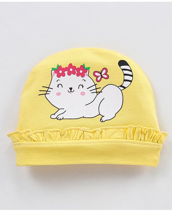 Babyhug Cotton Elastane Cap Kitty Print - Yellow