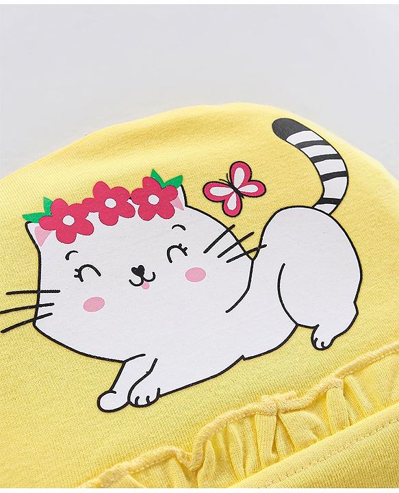Babyhug Cotton Elastane Cap Kitty Print - Yellow