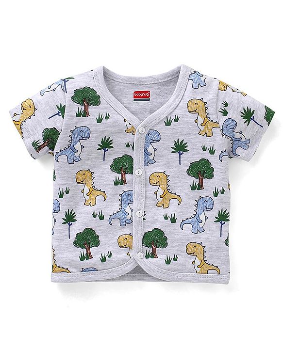 Babyhug 100% Cotton Front Open Dino Print Vests Pack of 3 - White Blue & Yellow