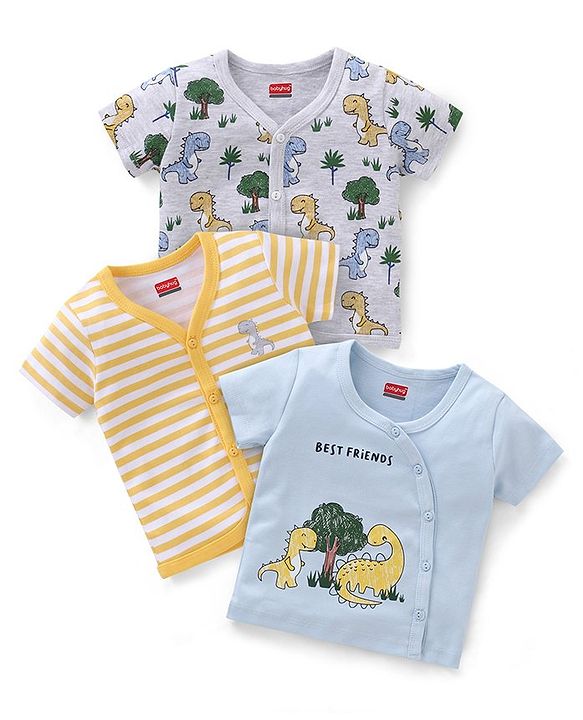 Babyhug 100% Cotton Front Open Dino Print Vests Pack of 3 - White Blue & Yellow