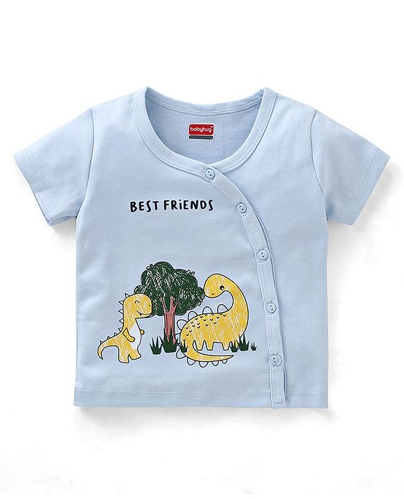 Babyhug 100% Cotton Front Open Dino Print Vests Pack of 3 - White Blue & Yellow