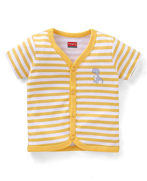 Babyhug 100% Cotton Front Open Dino Print Vests Pack of 3 - White Blue & Yellow