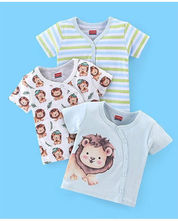 Babyhug 100% Cotton Knit Half Sleeves Front Open Jhablas Stripes & Lion Print Pack of 3 - Multicolour