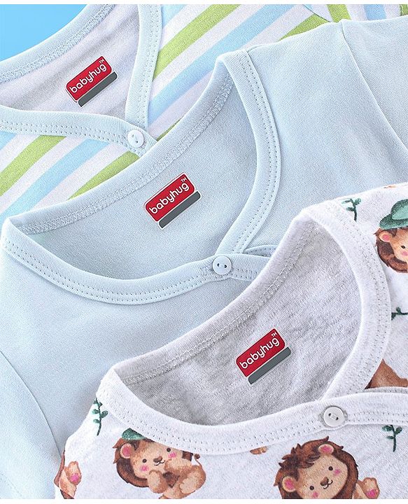 Babyhug 100% Cotton Knit Half Sleeves Front Open Jhablas Stripes & Lion Print Pack of 3 - Multicolour