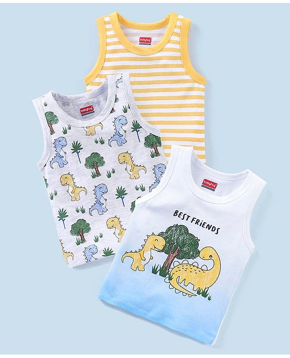 Babyhug 100% Cotton Sleeveless Sando Pack of 3 - Yellow & Blue