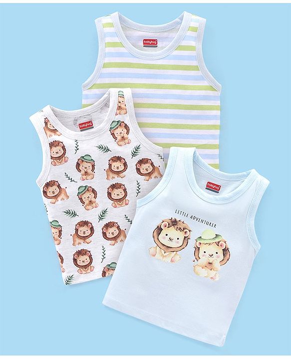 Babyhug 100% Cotton Sandos Stripes & Lion Print Pack of 3 - Blue Grey & Green