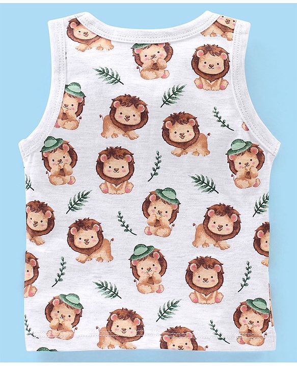 Babyhug 100% Cotton Sandos Stripes & Lion Print Pack of 3 - Blue Grey & Green