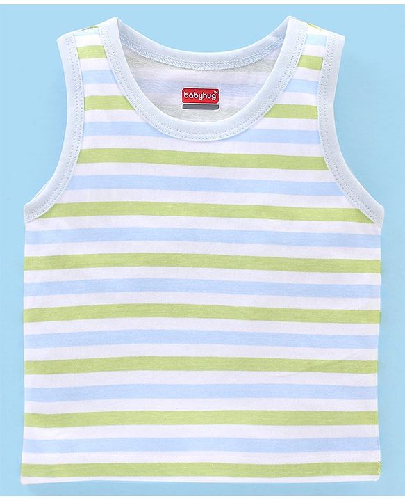 Babyhug 100% Cotton Sandos Stripes & Lion Print Pack of 3 - Blue Grey & Green