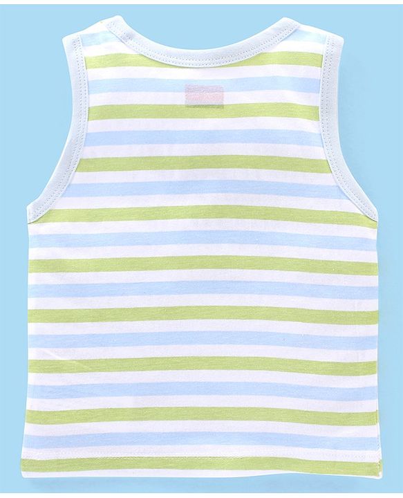 Babyhug 100% Cotton Sandos Stripes & Lion Print Pack of 3 - Blue Grey & Green