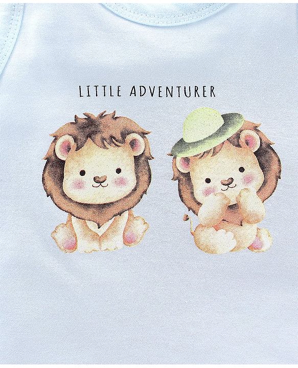 Babyhug 100% Cotton Sandos Stripes & Lion Print Pack of 3 - Blue Grey & Green