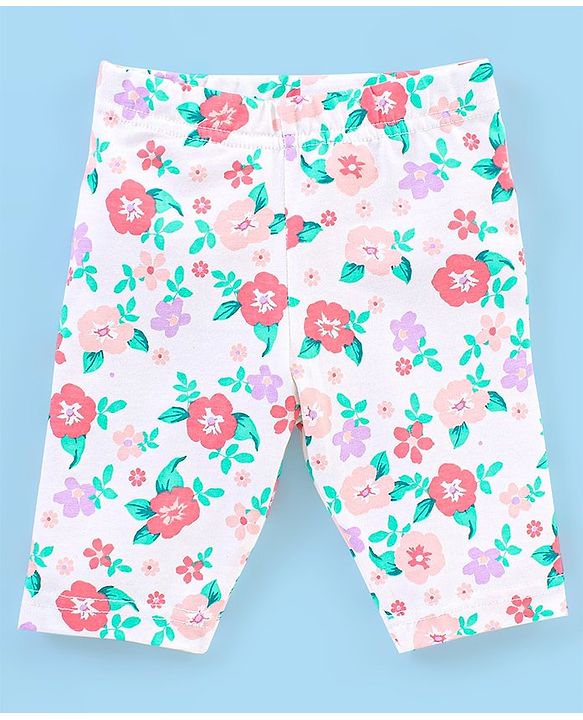 Babyhug Cotton Lycra Three Fourth Length Leggings Polka Dots & Floral Print Pack of 3- Pink & Blue