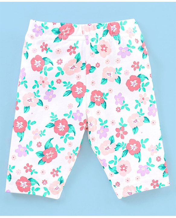 Babyhug Cotton Lycra Three Fourth Length Leggings Polka Dots & Floral Print Pack of 3- Pink & Blue