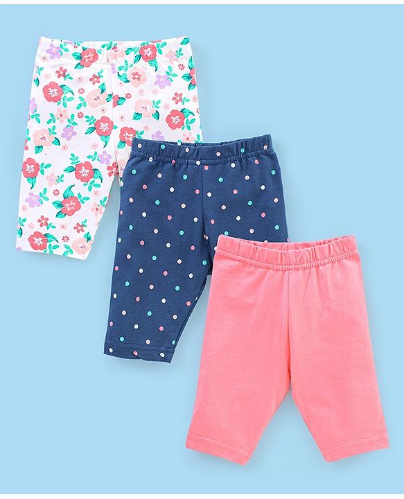Babyhug Cotton Lycra Three Fourth Length Leggings Polka Dots & Floral Print Pack of 3- Pink & Blue