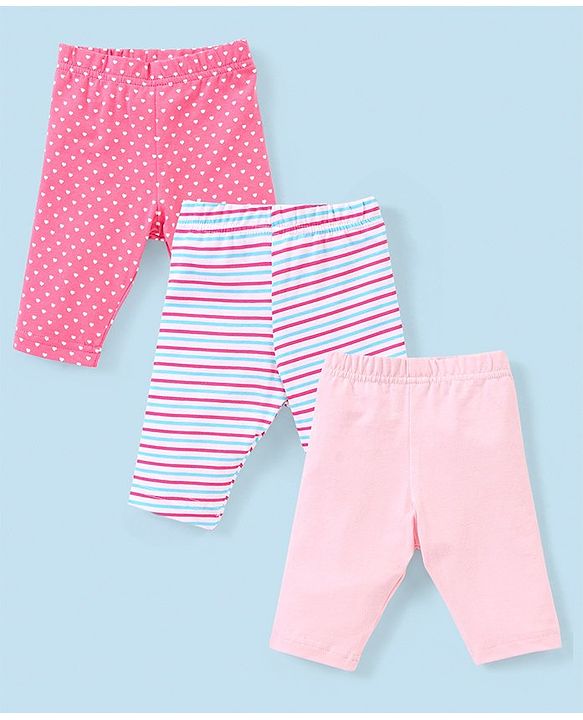 Babyhug Cotton Lycra Three Fourth Length Leggings Stripes & Heart Print Pack of 3- Pink & Blue