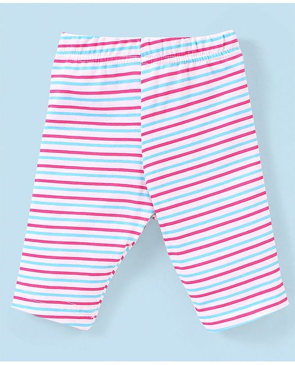 Babyhug Cotton Lycra Three Fourth Length Leggings Stripes & Heart Print Pack of 3- Pink & Blue