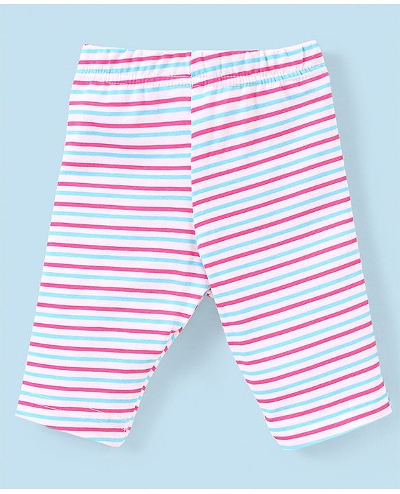 Babyhug Cotton Lycra Three Fourth Length Leggings Stripes & Heart Print Pack of 3- Pink & Blue