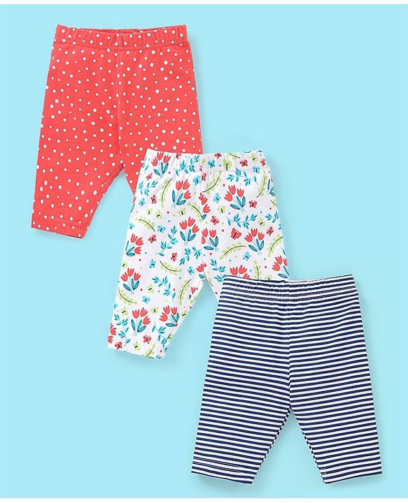 Babyhug Three Fourth Length Lycra Leggings Floral Print Pack of 3 - Red & Blue