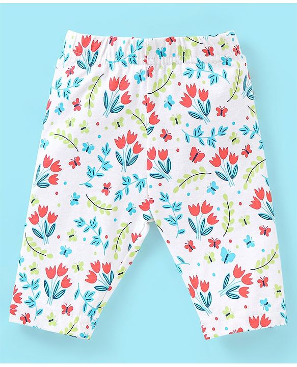 Babyhug Three Fourth Length Lycra Leggings Floral Print Pack of 3 - Red & Blue