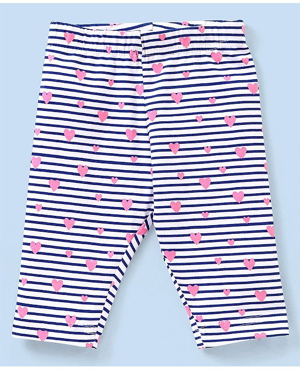 Babyhug Three Fourth Length Lycra Leggings Heart Print Pack of 3 - Pink & Blue