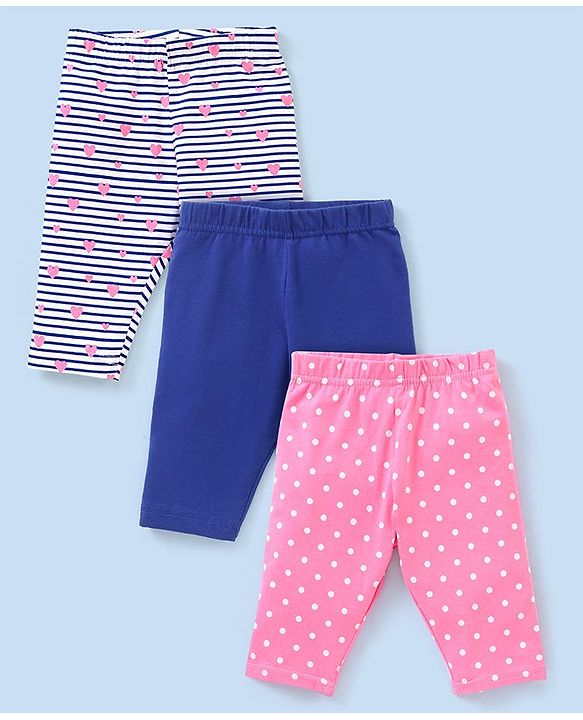 Babyhug Three Fourth Length Lycra Leggings Heart Print Pack of 3 - Pink & Blue
