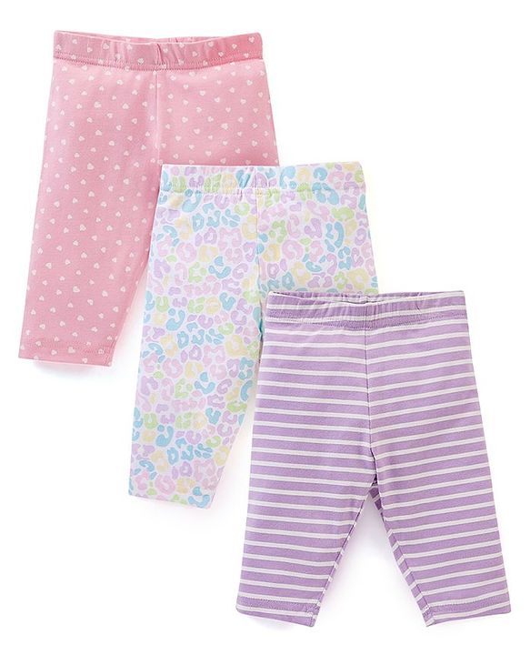 Babyhug Cotton Lycra Three Fourth Leggings Heart & Stripe Print Pack of 3 - Multicolor