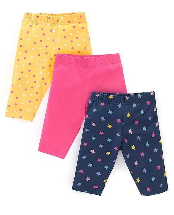 Babyhug Cotton Lycra Three Fourth Leggings Dot & Star Print Pack of 3 - Multicolor