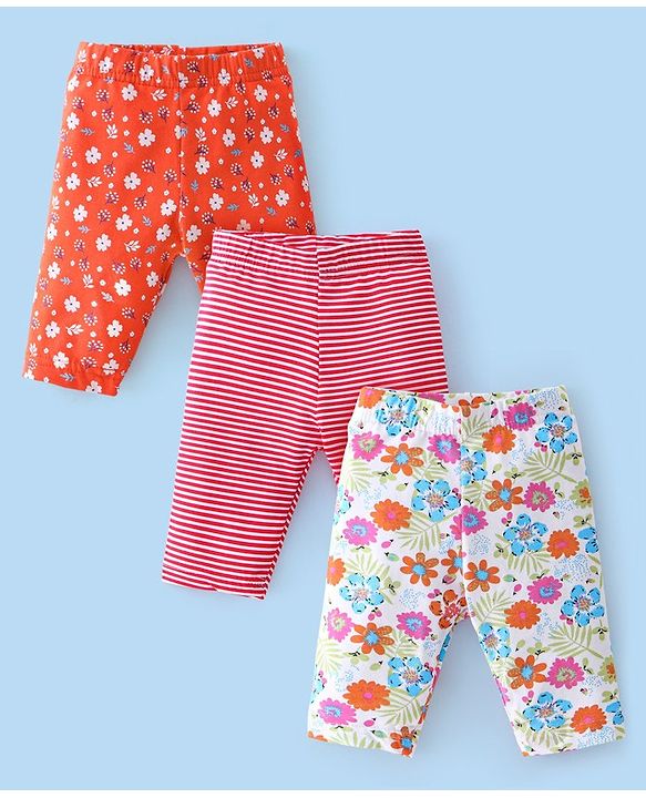 Babyhug Cotton Lycra Three Fourth Length Leggings Floral Print Pack Of 3- Red White & Pink