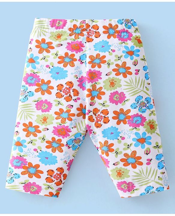 Babyhug Cotton Lycra Three Fourth Length Leggings Floral Print Pack Of 3- Red White & Pink