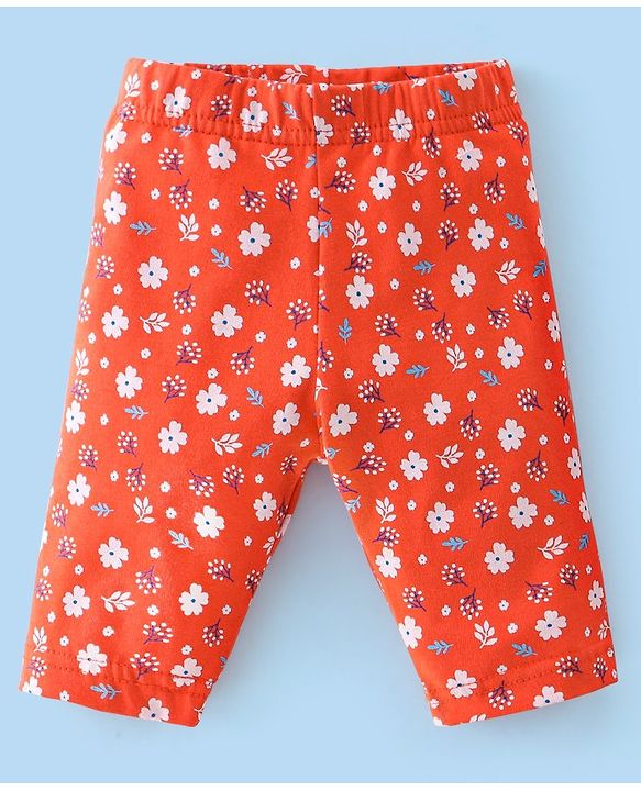 Babyhug Cotton Lycra Three Fourth Length Leggings Floral Print Pack Of 3- Red White & Pink
