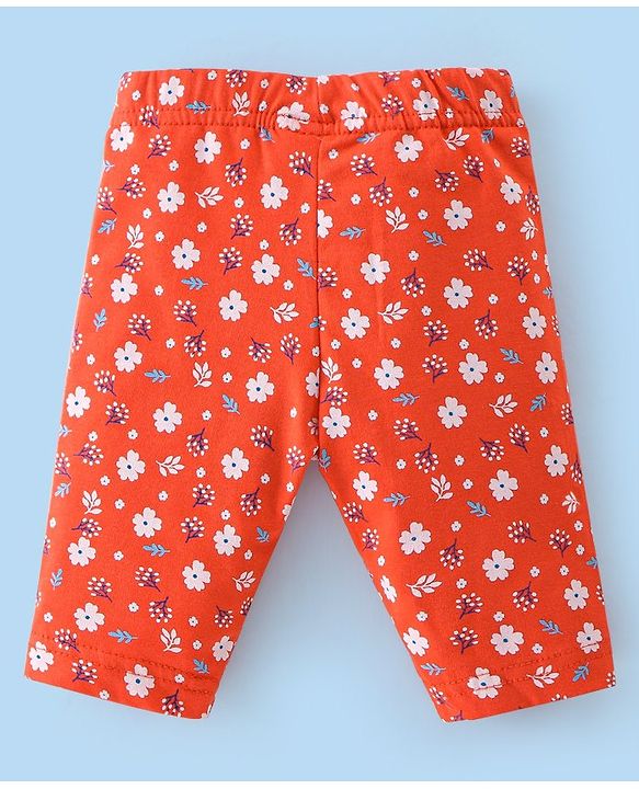 Babyhug Cotton Lycra Three Fourth Length Leggings Floral Print Pack Of 3- Red White & Pink